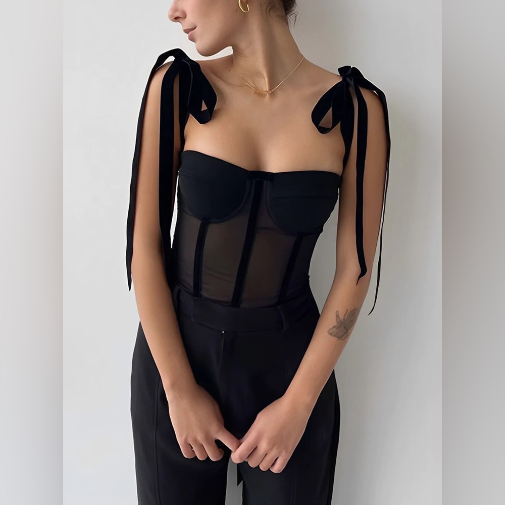 COMMENSE Tied Mesh Corset Crop Top in Black